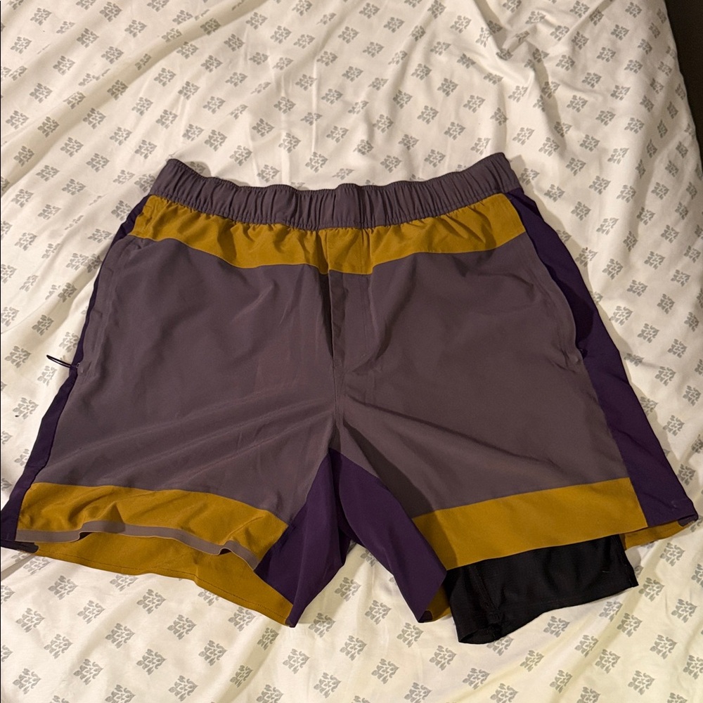 Lululemon/Robert Gellar collab Athletica Purple and Gold Athletic Shorts
